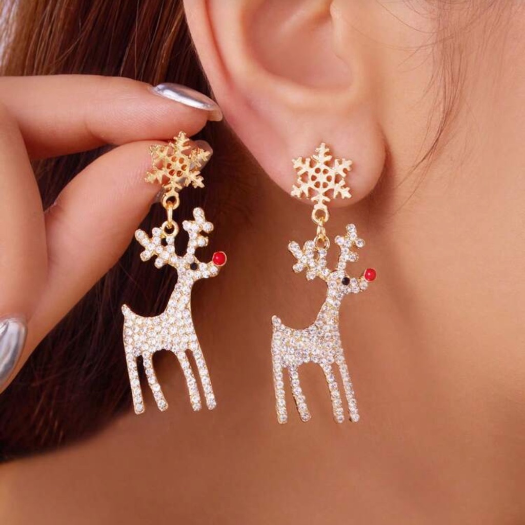 1 Pair Unique Christmas Reindeer & Snowflake Rhinestone Dangle Earrings
